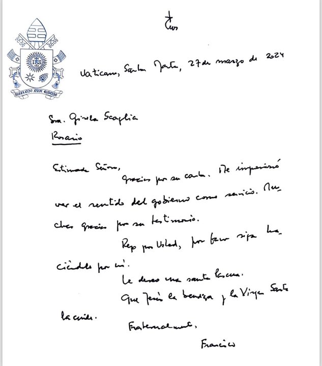 El Papa Francisco le envió una carta a la vicegobernadora de Santa Fe